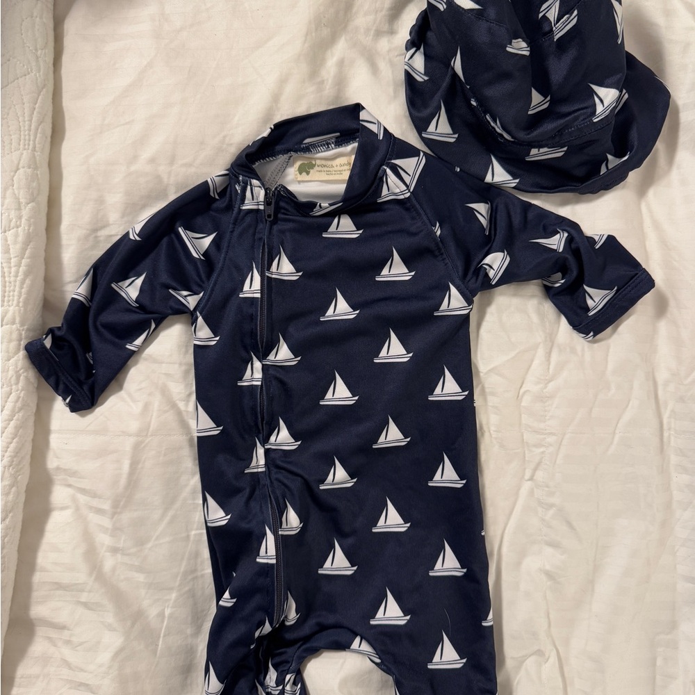 Navy Sailboat Print Baby Swim Suit and Hat Set